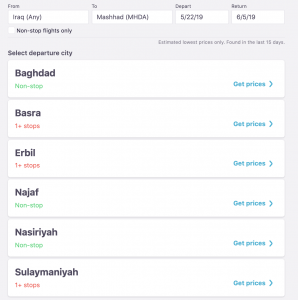 Flights from Iraq to Mashhad