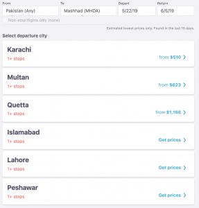 Flights from Pakistan to Mashhad